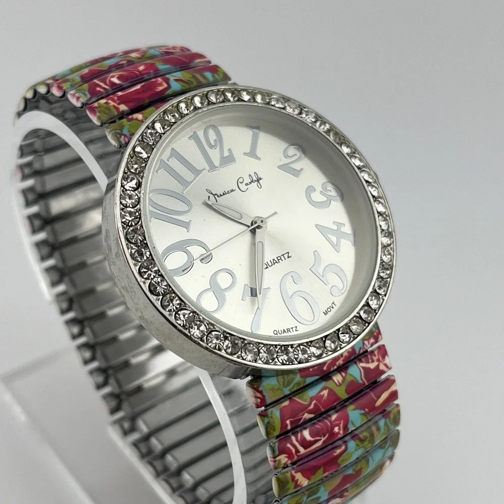 Jessica Carlyle Watch Women 40mm Crystal‎ Bezel Floral Stretch Band- New Battery